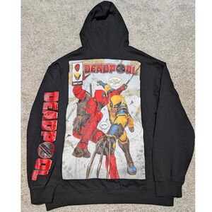 Marvel Hoodie Mens XL Black Deadpool Wolverine Graphic Comic Pullover Sweatshirt